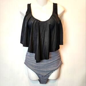 New Two Piece Swimsuit Black &‎ White Striped Tankini 127 Slimming High Waist L